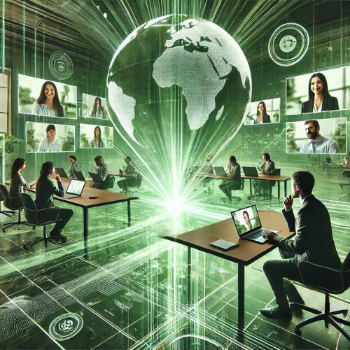 Futuristic, conceptual room where people work with screens everywhere, illustrating a modern approach to remote working and global teams.